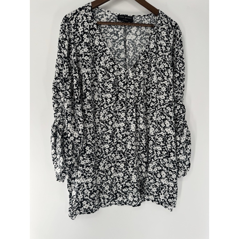 Lane Bryant Blouse V-Neck 3/4 Sleeve Black/White Floral Cottagecore Gauze 24